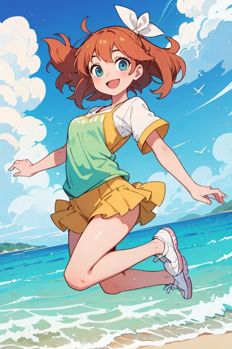 masterpiece,best quality,1girl,sandy beach,jump,smile,dynamic,lookin at viewer