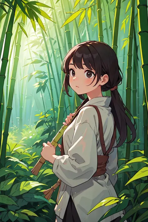 masterpiece,best quality,1girl,adventure,bamboo forest background,scenery,