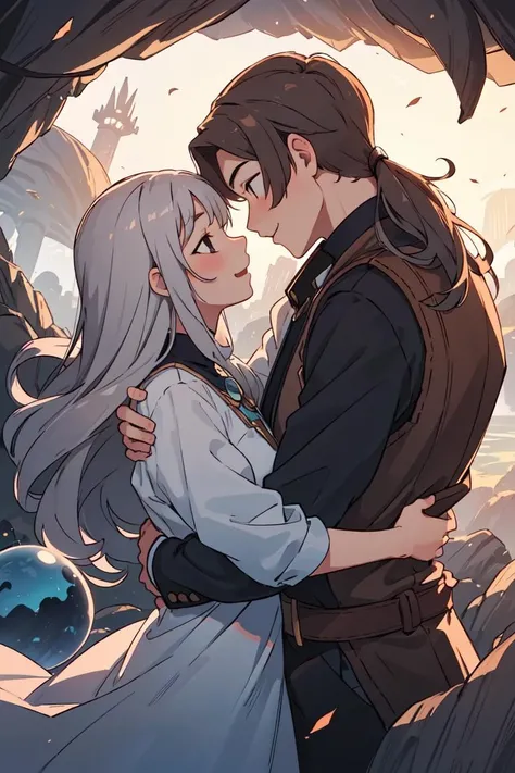 masterpiece,best quality,2others, couple, 1man with 1woman, mature, Height difference, different hair color, happy, love, hug, upper body, long hair, brown hair and silver hair, fantasy, In the hot vapor sphere, looking at each other,scenery,