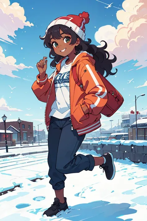 masterpiece,best quality,1 woman , oversized shirt, ((jump ,on the sky, hand in pocket,)) full body, beanie, jacket, winter, curly hair, wavy hair, dark skin, freckles, looking at viewer, smile, street,<lyco:GoodHands-beta2:1.0> ,fantasy,scenery,