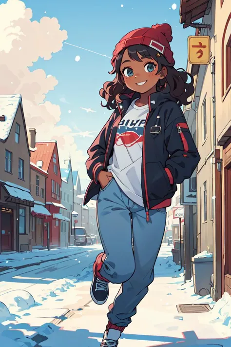 masterpiece,best quality,1 woman , oversized shirt, ((jump ,on the sky, hand in pocket,)) full body, beanie, jacket, winter, curly hair, wavy hair, dark skin, freckles, looking at viewer, smile, street,<lyco:GoodHands-beta2:1.0> ,fantasy,scenery,