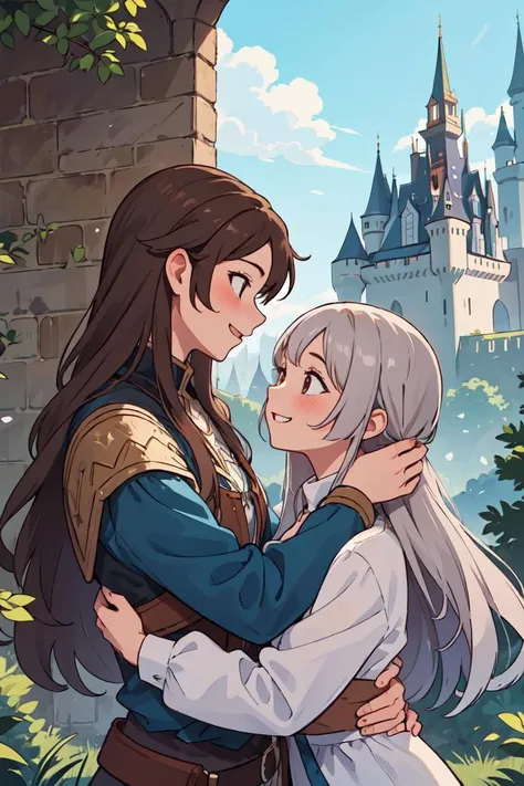masterpiece,best quality,2others, couple, 1man with 1woman, mature, Height difference, different hair color, happy, love, hug, upper body, long hair, brown hair and silver hair, fantasy, Castle in the Sky, looking at each other,scenery,