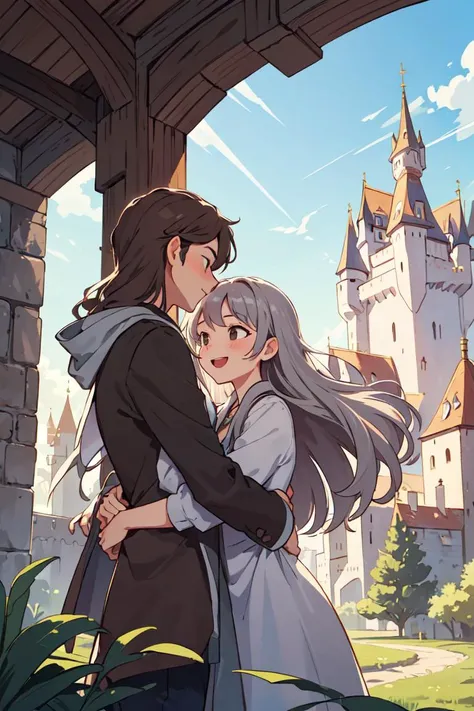 masterpiece,best quality,2others, couple, 1man with 1woman, mature, Height difference, different hair color, happy, love, hug, upper body, long hair, brown hair and silver hair, fantasy, Castle in the Sky, looking at each other,scenery,