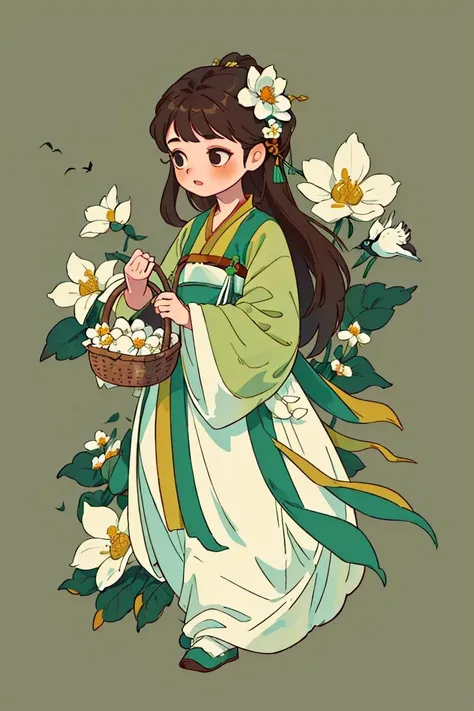 1girl, solo, long hair, simple background, brown hair, hair ornament, long sleeves, full body, flower, hair flower, chinese clothes, white flower, bird, green dress, holding basket, hanfu,<lora:gufeng_illustration_v2:0.7>