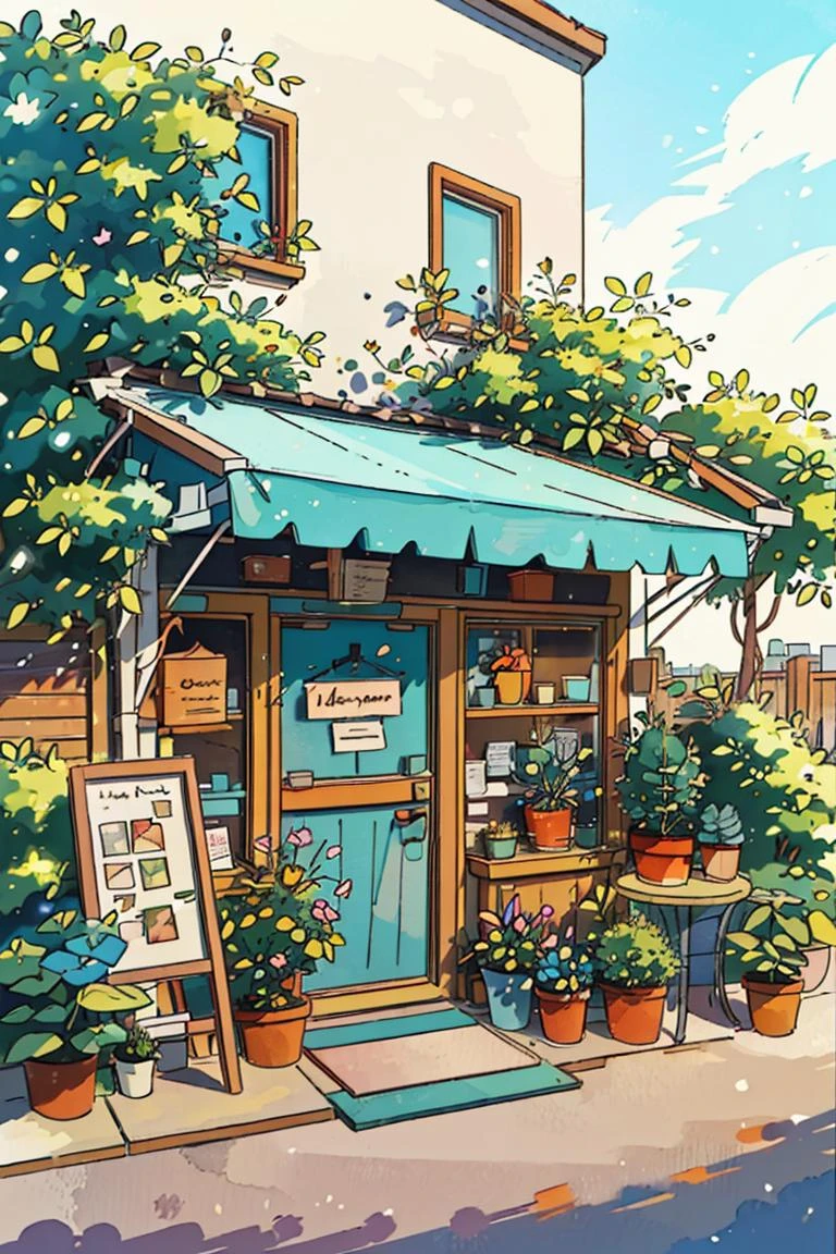 JZCG021,Flower store,coffee spot,tables,chairs,no one,windows,flowers,plants,potted plants,watercolor (medium),landscapes,doors,air conditioning,paintings (medium),traditional media,houses,outdoors,balconies,architecture,masterpiece,best quality,high quality,<lora:JZCG021-Comic building:0.8>,Botanical,, masterpiece,best quality,high quality, <lora:GoodHands-vanilla:1>,