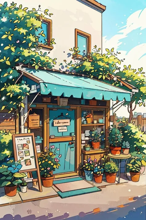 JZCG021,Flower store,coffee spot,tables,chairs,no one,windows,flowers,plants,potted plants,watercolor (medium),landscapes,doors,air conditioning,paintings (medium),traditional media,houses,outdoors,balconies,architecture,masterpiece,best quality,high quality,<lora:JZCG021-Comic building:0.8>,Botanical,, masterpiece,best quality,high quality, <lora:GoodHands-vanilla:1>,