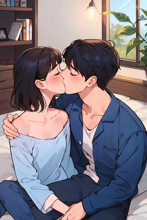 Concept art,love themes,illustrations,1boy,1girl,kiss,hetero,brown hair,closed eyes,topless male,blush,black hair,pajamas,blue pants,long hair,sitting,collarbone,pants,couple,indoors,medium hair,blurry,shirt,hand on another's shoulder,long sleeves,hand on another's chest,short hair,<lora:dibian2:0.6>,