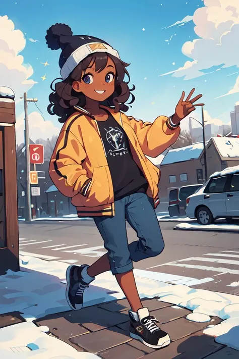 asterpiece,best quality,1 woman,oversized shirt,((jump ,on the sky, hand in pocket,)) full body,beanie,jacket,winter,curly hair,wavy hair,dark skin,freckles,looking at viewer,smile,street,fantasy,scenery, ,<lora:GoodHands-beta2:1>