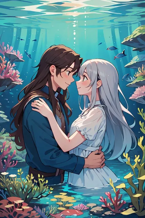 masterpiece,best quality,2others, couple, 1man with 1woman, mature, Height difference, different hair color, happy, love, hug, upper body, long hair, brown hair and silver hair, fantasy, underwater, looking at each other,scenery,<lora:GoodHands-beta2:1>,