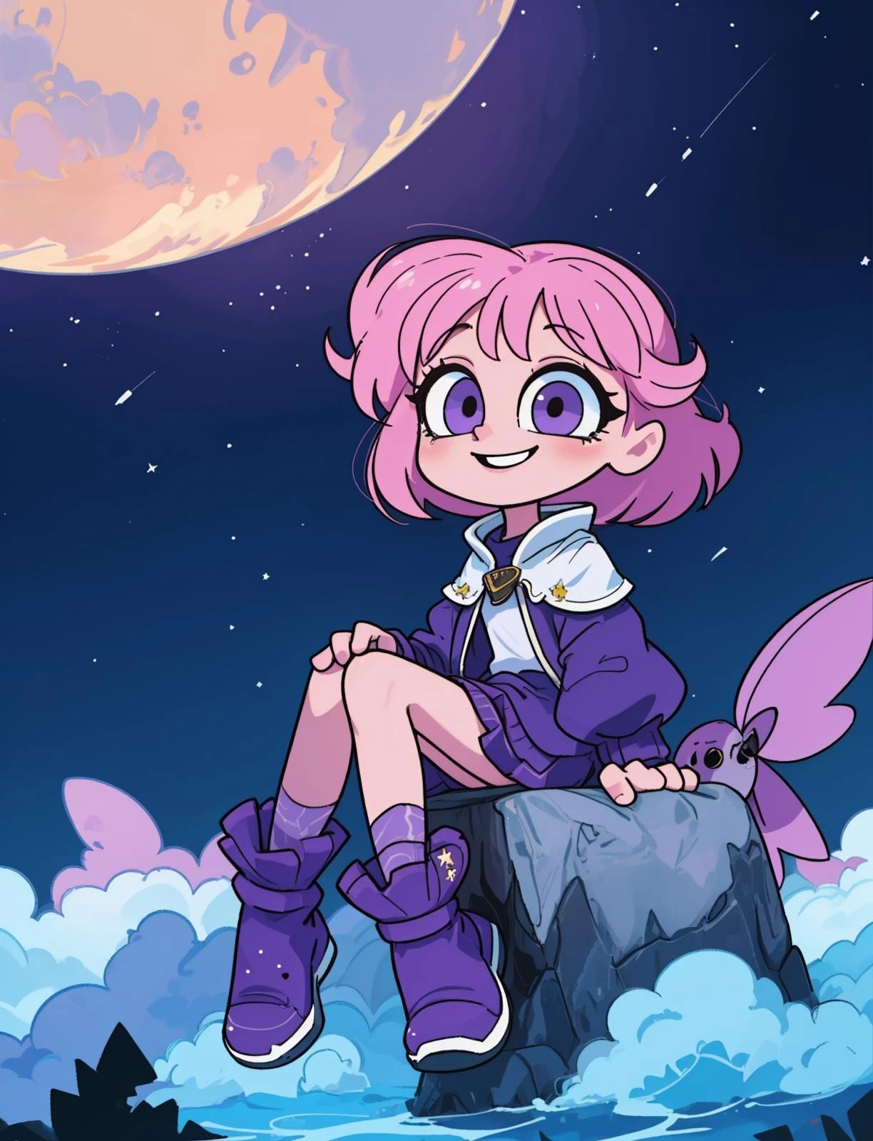 <lora:kim-crab:1> a girl sitting on a cloud looking up at the stars, smiling, dreamland, pinks and purples, (masterpiece:1.5, best quality), 8k wallpaper, highres, high resolution,HDR.UHD,Highly detailed, extreme detail <lora:GoodHands-beta2:0.8>