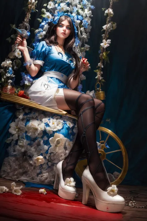 <lora:americanmcgee_alice:1> , solo, 1girl, (mcgeealice:1.5), (blood:1.5), (black long hair:1,4) , wonderland, (covered blue dress spacious with tapered waist:1.5), (white apron:1.4), white belt at back waist (striped black and white pantyhose:1.4) , (pendant horseshoe down:1.5), solo, perfect eyes color, detailed face and eyes, finely detailed beautiful eyes, masterpiece, best quality, insanely intricate details, intricate details, incredible detail, ((vivid color)), 4k , <lora:add_detail:0.6>