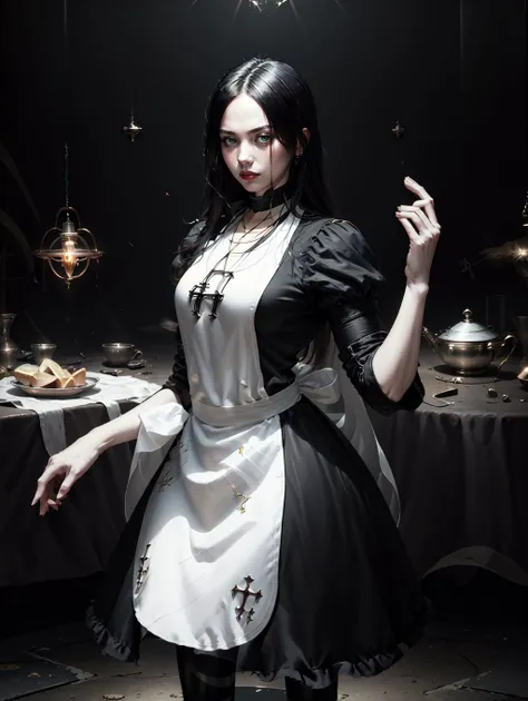 <lora:GoodHands-beta2:0.8>
<lora:americanmcgee_alice-12:0.8> mcgeealice, dress, apron, striped pantyhose, jewelry, necklace <lora:Clothing - Battle Priest_v2:1> battlepriest, black and white color theme, masterpiece, 4k, high quality, highres, absurdres,