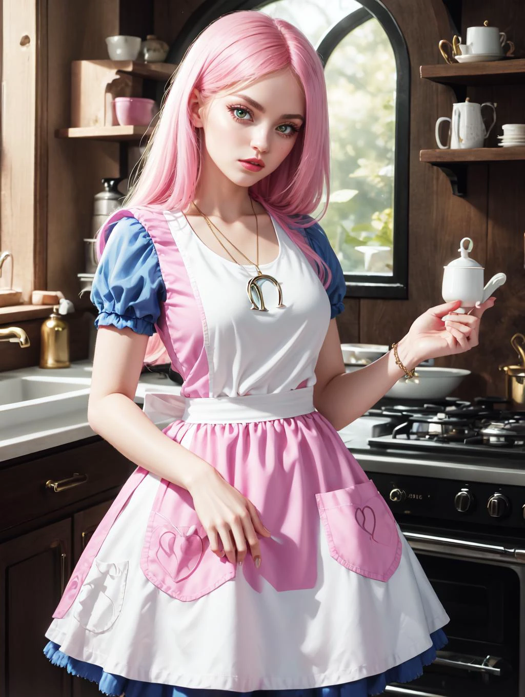 <lora:GoodHands-beta2:0.8>
<lora:americanmcgee_alice-12:0.8> mcgeealice, dress, apron, striped pantyhose, jewelry, necklace
<lora:BarbieCore:1> BarbieCore, masterpiece, 4k, high quality, highres, absurdres,