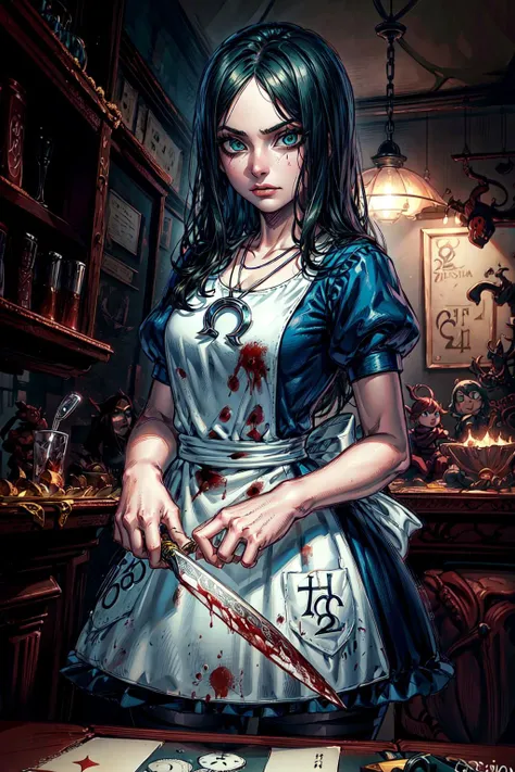 thick outlines, comics, photorealistic, perfect hands, masterpiece:1.2, Chess pieces, cards, creepy dolls, dark, red and black landscape, creepy, 1girl, kitchen knife, blood, standing, <lora:americanmcgee_alice:1>, mcgeealice, light blue dress, apron, striped pantyhose, jewelry, necklace, green eyes, small breast, detailed background, detailed face, detailed eyes, <lora:add_detail:0.8>