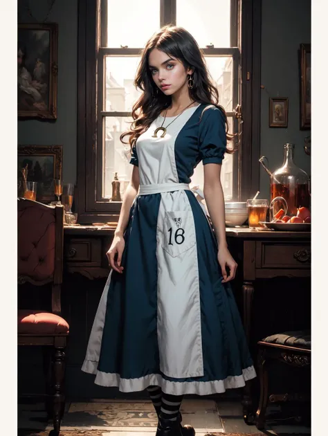 <lora:GoodHands-beta2:0.8>
 <lora:americanmcgee_alice-12:0.8> mcgeealice, dress, apron, striped pantyhose, jewelry, necklace <lora:mj_osea-05:1> Mj Osea Style, masterpiece, 4k, high quality, highres, absurdres,