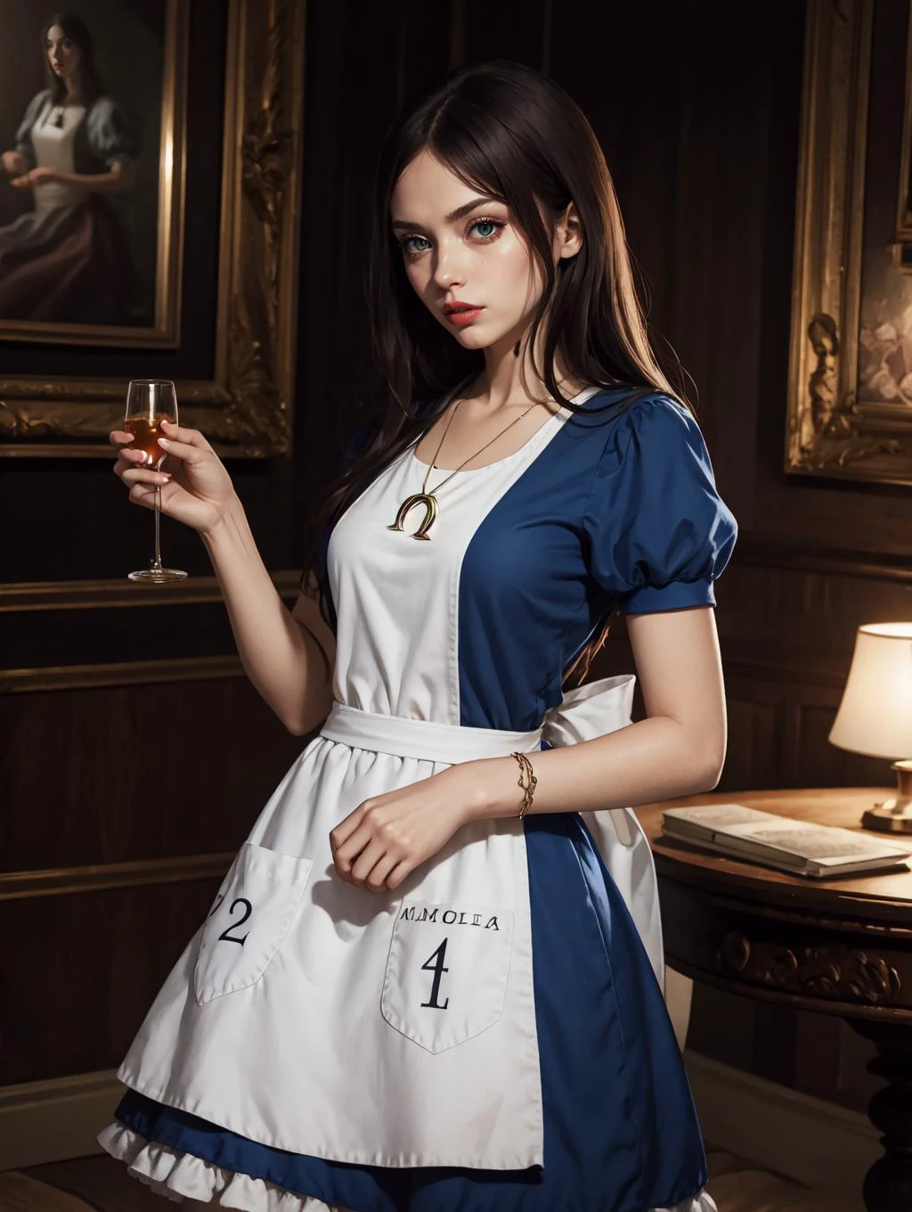 <lora:GoodHands-beta2:0.8>
<lora:americanmcgee_alice-12:0.8> mcgeealice, dress, apron, striped pantyhose, jewelry, necklace, masterpiece, 4k, high quality, highres, absurdres,