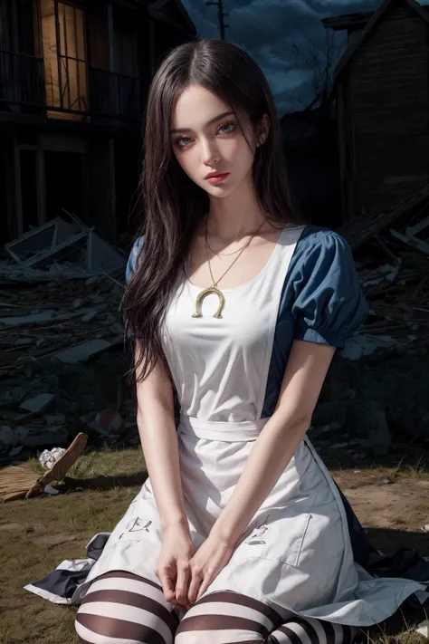 (Absurdres:1.2), beautiful and aesthetic, masterpiece, best quality, extremely detailed,
photo realistic:1.4 , delicate pattern, (intricate detail,extremely intricate:1.2),
(masterpiece:1.2, best quality), (highly detailed:1.3), realistic, realistic details, detailed, <lora:add_detail:1>,
(pureerosface_v1:0.5) , (ulzzang-6500-v1.1:0.5),
smaller head, beautiful face, shaded face, smaller face,
------
night, moon, decimated suburbia, collapsed houses, overgrown lawns, remnants of a lost community, Sitting with knees apart, hands on knees, <lyco:fitgirl_v10:0.8>
------
<lora:americanmcgee_alice:1> cowboy shot, solo, 1girl, mcgeealice, expressionless, looking at viewer, holding, knife, dress, apron, striped pantyhose, jewelry, necklace