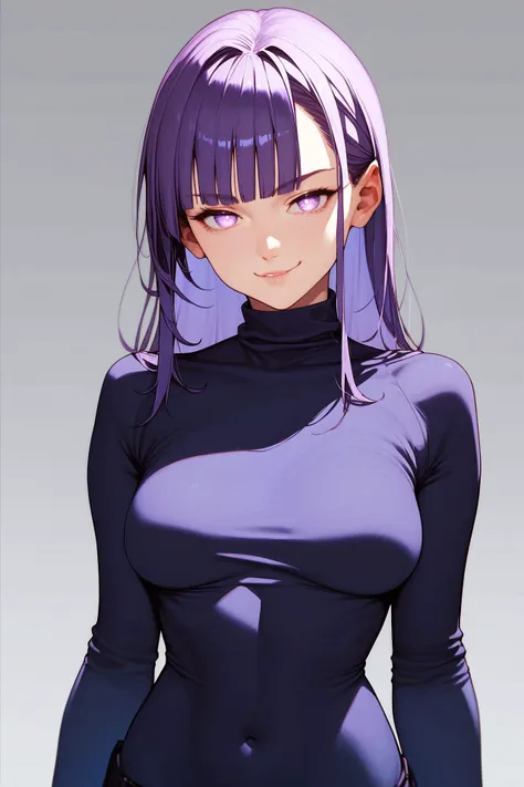 score_9, score_8_up, score_7_up, 1girl, smug, looking at viewer, light_purple hair, bangs, bronze eyes, medium breasts, arms_up, frontlighting