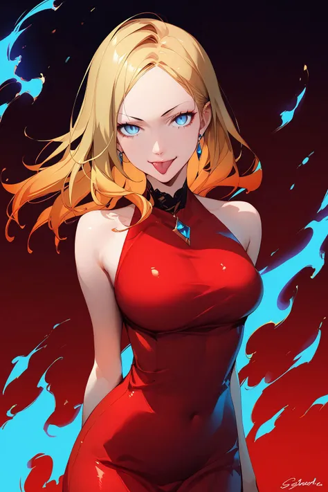 score_9, score_8_up, score_7_up, 1girl, smug, looking at viewer, golden hair, parted_bangs, light_blue eyes, large breasts, shirred dress, Painted_Tongue \(flower\), fiery_background <lora:Soejima_Shigenori_PonyXL_style_v01:1>