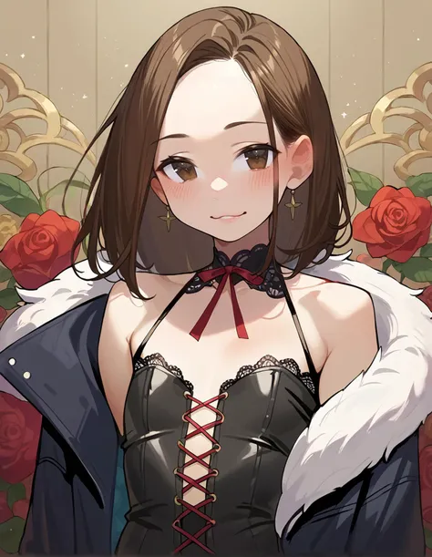 score_9, score_8_up, score_7_up, score_6_up, score_5, score_4_up, score_3_up, score_2, score_1_up, BREAK , score_9, score_8_up, score_7_up,
portrait, solo, 1girl, facing viewer, super long straightened hair, dark-brown hair, dark-brown eyes, seductive smile, blush, flat chest, black corset, red ribbon, white lace, bare shoulders, black jacket, white fur jacket lining, white fur inside jacket, glittering light, brown background, Mahogany floral background,
<lora:yomu_(sgt_epper)_PonyXL_style_v01:1>