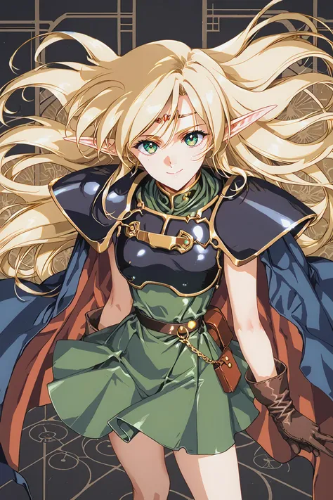 source_anime, score_9, score_8_up, score_7_up, deedlit:1.5, 
1girl, standing, long hair, blonde, elf, navy blue breastplate, navy blue shoulder armor, green skirt, short skirt, sleeveless, leather gloves, Cloak,
beautiful face, 24 years old, 
smile, green eyes, 
bangs, looking at viewer,
detailed background, record of lodoss war, from above, 
<lora:urushihara-lora04_PonyXL:0.7> ,  <lora:TOO_NobuteruYuuki_v3B_PonyXL:0.55>,  <lora:ulrich style 2 locon 40epo:0.3>