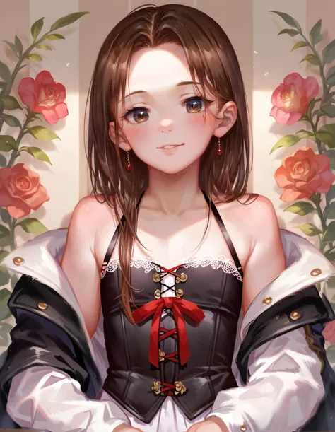 score_9, score_8_up, score_7_up, score_6_up, score_5, score_4_up, score_3_up, score_2, score_1_up, BREAK , score_9, score_8_up, score_7_up,
portrait, solo, 1girl, facing viewer, super long straightened hair, dark-brown hair, dark-brown eyes, seductive smile, blush, flat chest, black corset, red ribbon, white lace, bare shoulders, black jacket, white fur jacket lining, white fur inside jacket, glittering light, brown background, Mahogany floral background,
<lora:hado_PonyXL_style_v01:1>