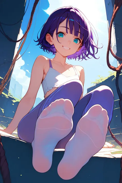 score_9, score_8_up, score_7_up, 1girl, kind smile, dark_purple hair, short_bangs, aqua eyes, flat chest, feet focus, cable-knit tights, soles,  god rays