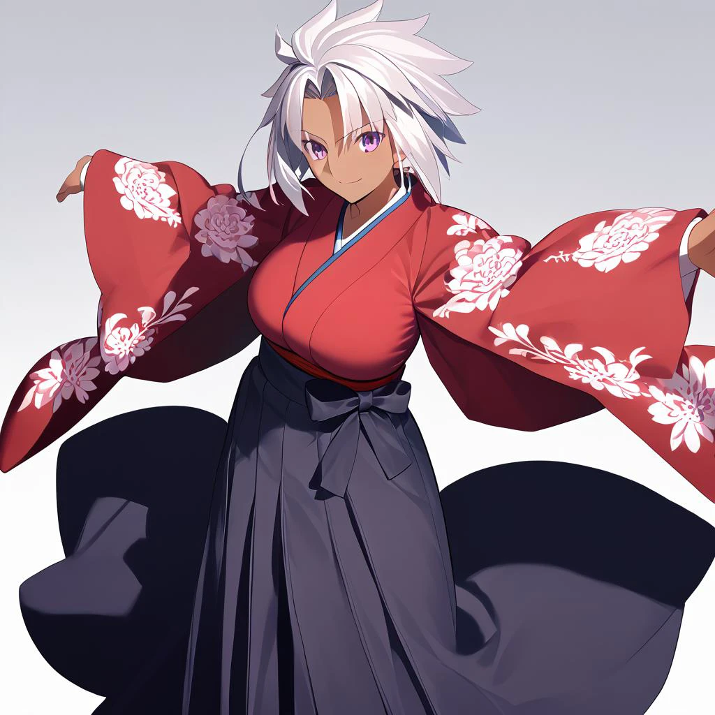 <lora:Takeuchi_Takashi_PonyXL_style_v01:1>
score_9 , score_8_up , score_7_up , source_anime ,
masterpiece , best quality , ultra-detailed ,
BREAK
1girl , woman , huge breasts , light smile , light blush , whole body ,
dark skin ,
((medusa (fate)):0.5) ,
silver hair ,
spiked hair ,
<lora:yagasuri_PO_pr_V1_2:0.7>
hakama , japanese clothes , long skirt , kimono , yagasuri , cross-laced footwear , knee boots ,