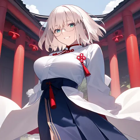 <lora:Takeuchi_Takashi_PonyXL_style_v01:1>
score_9 , score_8_up , score_7_up , source_anime , 
masterpiece , best quality , ultra-detailed , 
BREAK
1girl , woman , huge breasts , light smile , light blush , medium long shot , 
[fair skin]  , 
((jeanne d'arc (fate)):0.5)  , 
white hair  , 
bob haircut  , 
((( shrine maiden outfit , skirt ))) , 
wellington glasses