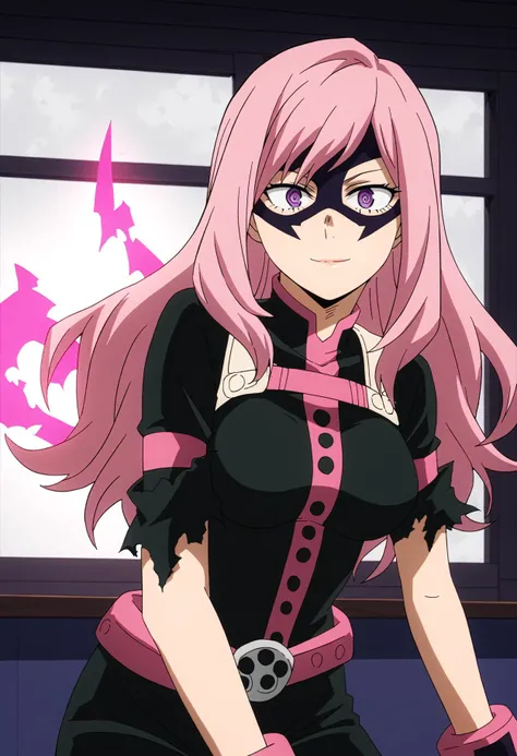 score_9, score_8_up, score_7_up, source_anime, BREAK, (123, medium breasts, human, LOR), indoors, bar background, night time background, destroyed buildings light rays, 1girl, solo, close-up, pink hair, long hair, purple eyes, bodysuit , villain outfit, ornate intricate detailed on outfit, looking at viewer, shiny skin, armoured gloves hands , purple details on outfit , happy emo hairstyle ,electric aura , black domino eye mask , <lora:My_Hero_Academia:1>