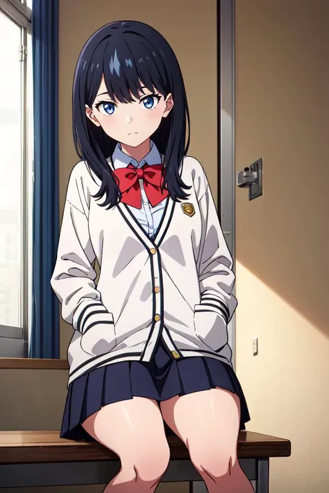 1girl, takarada_rikka, gridman_universe, ssss.gridman, microskirt, bow, sweater, solo, black_hair, bowtie, school_uniform, thighs, blue_eyes, red_bowtie, skirt, white_sweater, white_cardigan, hands_in_pockets, shirt, looking_at_viewer, cardigan, pleated_skirt, red_bow, breasts, black_skirt, long_hair, long_sleeves, <lora:takarada_rikkav15:0.9>, closed mouth, emotionless, thighs, sitting, room, crossed legs,, absurdres , highres, ultra detailed, (1girl:1.3),