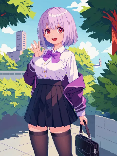 (pixel art:1.2),gridman universe, ssss.gridman, shinjou akane, 1girl, solo, :d, smile, white shirt, school uniform, light purple hair, red eyes, purple bow, shirt, dress shirt, bowtie, purple bowtie, purple jacket, breasts, black skirt, no legwear, cropped legs, hand up, waving, cowboy shot,best quality,amazing quality,very aesthetic,absurdres, <lora:shinjou_akanev15:0.8>,outdoors,medieval