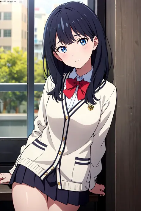 1girl, takarada_rikka, gridman_universe, ssss.gridman, microskirt, bow, sweater, solo, black_hair, bowtie, school_uniform, thighs, blue_eyes, red_bowtie, skirt, white_sweater, white_cardigan, shirt, looking_at_viewer, cardigan, pleated_skirt, red_bow, breasts, black_skirt, long_hair, long_sleeves, <lora:takarada_rikkav15:0.9>, closed mouth, emotionless, thighs BREAK room, Slight head tilt pose,, absurdres , highres, ultra detailed, (1girl:1.3),