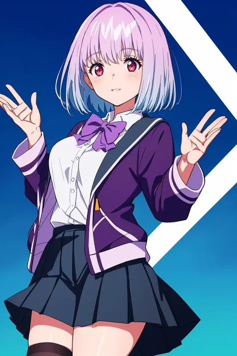 (best quality),(masterpiece),high detail,highres,gridman universe, ssss.gridman, shinjou akane, 1girl, solo, white shirt, school uniform, light purple hair, red eyes, purple bow, shirt, dress shirt, bowtie, purple bowtie, purple jacket, breasts, black skirt, no legwear, cropped legs, hand up, waving, gradient background, simple background, blue background, cowboy shot,<lora:shinjou_akanev15:0.8>