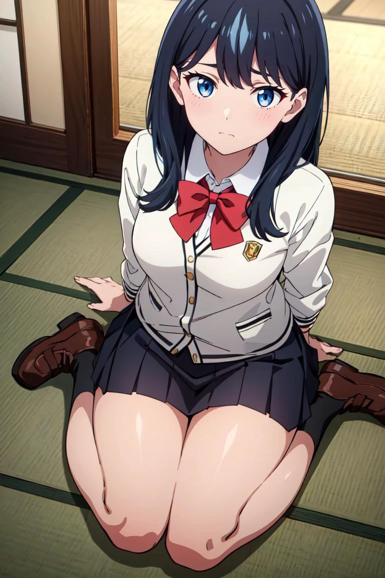 1girl, takarada_rikka, gridman_universe, ssss.gridman, microskirt, bow, sweater, solo, black_hair, bowtie, school_uniform, thighs, blue_eyes, red_bowtie, skirt, white_sweater, white_cardigan, shirt, looking_at_viewer, cardigan, pleated_skirt, red_bow, breasts, black_skirt, long_hair, long_sleeves, <lora:takarada_rikkav15:0.9>, closed mouth, emotionless, thighs BREAK sitting, room, tatami, wariza,, absurdres , highres, ultra detailed, (1girl:1.3),