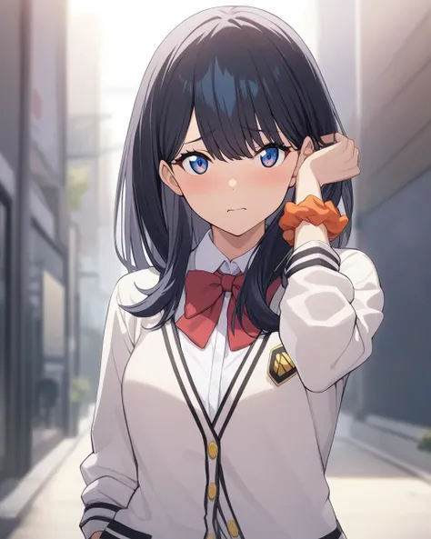 masterpiece,best quality,game cg,<lora:takarada_rikkav2:1>,1girl,takarada_rikka,gridman_universe,ssss.gridman,bow,wrist_scrunchie,outdoors,adjusting_hair,furrowed_brow,upper_body,solo,black_hair,collared_shirt,bowtie,orange_scrunchie,scrunchie,blue_eyes,red_bowtie,white_cardigan,sky,straight_hair,hair_between_eyes,white_shirt,shirt,looking_at_viewer,floating_hair,cardigan,red_bow,long_hair,hand_up,artist_logo,