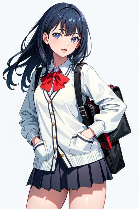 1girl, takarada_rikka, gridman_universe, ssss.gridman, microskirt, bow, sweater, solo, black_hair, bowtie, school_uniform, thighs, bag, blue_eyes, red_bowtie, skirt, white_sweater, backpack, white_cardigan, white_background, hands_in_pockets, holding, dutch_angle, holding_bag, shirt, looking_at_viewer, cardigan, pleated_skirt, red_bow, breasts, black_skirt, long_hair, open_mouth, long_sleeves, simple_background,<lora:takarada_rikkav15>,