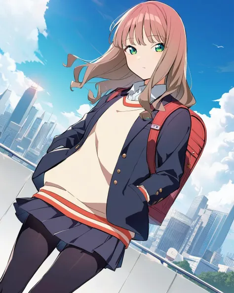 <lora:minami_yume:1>,1girl, solo, cloud, cloudy_sky, skyline, collared_shirt, pantyhose, ssss.dynazenon, hands_in_pockets, bag, sweater, shirt, skirt, school_uniform, minami_yume, backpack, gridman_universe, miniskirt, sky