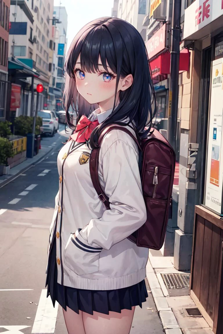 1girl, takarada_rikka, gridman_universe, ssss.gridman, microskirt, bow, sweater, solo, black_hair, bowtie, school_uniform, thighs, bag, blue_eyes, red_bowtie, skirt, white_sweater, backpack, white_cardigan, hands_in_pockets, shirt, looking_at_viewer, cardigan, pleated_skirt, red_bow, breasts, black_skirt, long_hair, long_sleeves, <lora:takarada_rikkav15:0.9>, closed mouth, emotionless, street, thighs,, absurdres , highres, ultra detailed, (1girl:1.3),