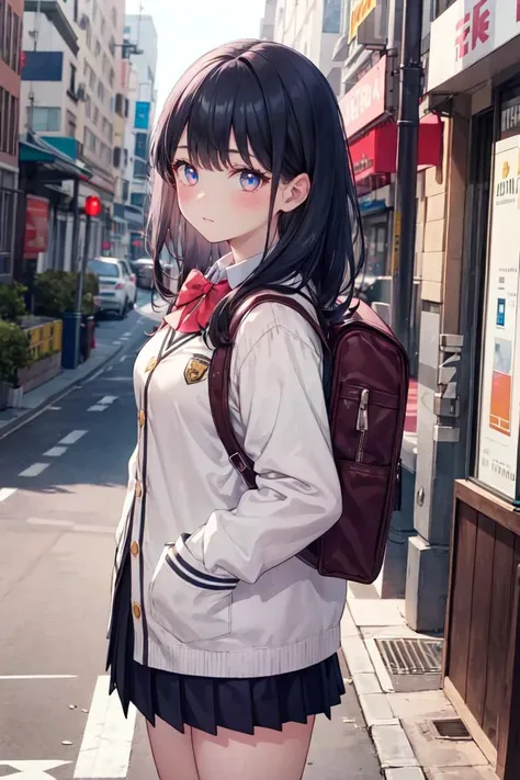 1girl, takarada_rikka, gridman_universe, ssss.gridman, microskirt, bow, sweater, solo, black_hair, bowtie, school_uniform, thighs, bag, blue_eyes, red_bowtie, skirt, white_sweater, backpack, white_cardigan, hands_in_pockets, shirt, looking_at_viewer, cardigan, pleated_skirt, red_bow, breasts, black_skirt, long_hair, long_sleeves, <lora:takarada_rikkav15:0.9>, closed mouth, emotionless, street, thighs,, absurdres , highres, ultra detailed, (1girl:1.3),