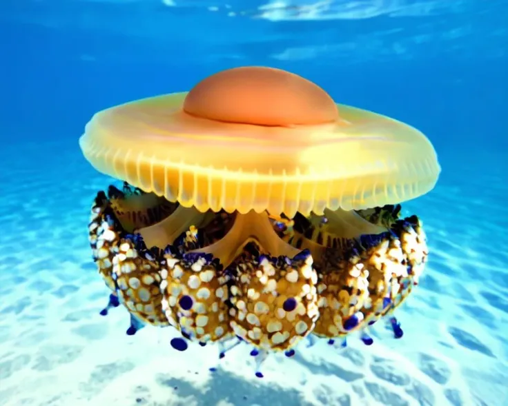 water, solo, shiny, food focus, jellyfish, sea, realistic, <lora:Cotylorhiza_tuberculata_v1:0.7>