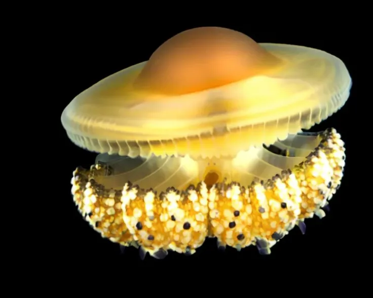 water, solo, shiny, food focus, jellyfish, sea, realistic, <lora:Cotylorhiza_tuberculata_v1:0.7>, black_background