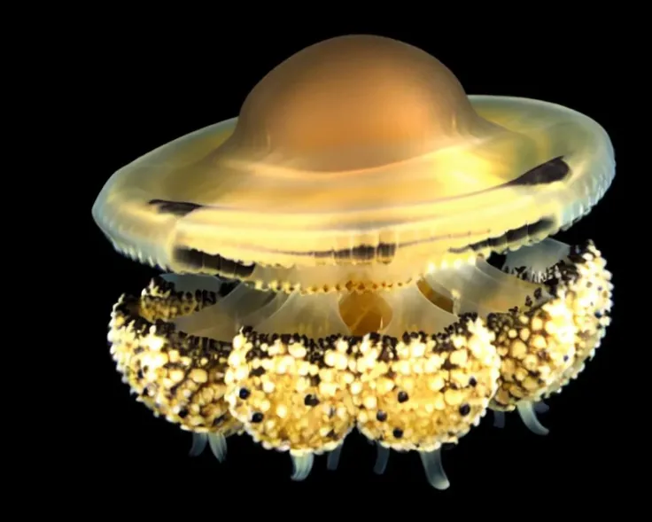water, solo, shiny, food focus, jellyfish, sea, realistic,  <lora:Cotylorhiza_tuberculata_v1:0.7>, black_background