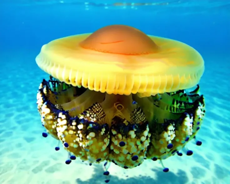 water, solo, shiny, food focus, jellyfish, sea, realistic, <lora:Cotylorhiza_tuberculata_v1:0.7>