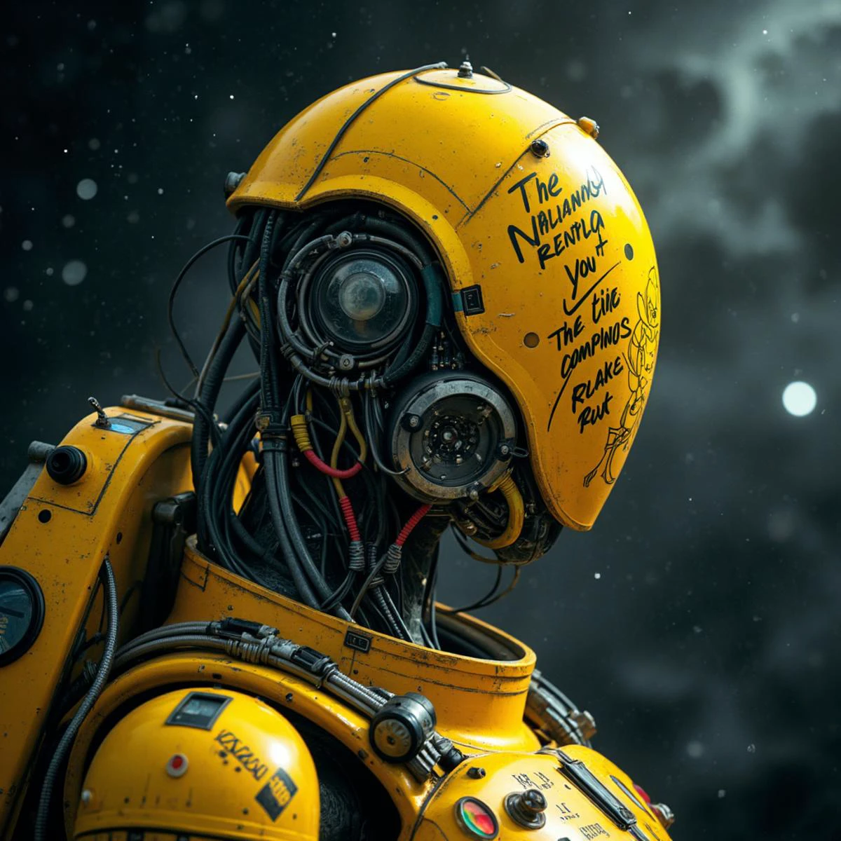 Monochrome with color spots, photo in phst artstyle, mechanical parts, wires, bald, cables, cyberpunk, spacecraft with a half robot face, black skin,, closeup photo of an wired-cyborg Spaceship, half robot, a vibrant yellow with technical macro writing resembling an Dragonball on the back,, floating in space wind, fists, writing, crepuscular rays, volumetric lighting, ultra detailed, deep Blacks, very detailed, atmospheric haze, Film grain, cinematic film still, shallow depth of field, highly detailed, high budget, cinemascope, moody, epic, OverallDetail, 2000s vintage RAW photo, photorealistic, candid camera, color graded cinematic, eye catchlights, atmospheric lighting, imperfections, natural, shallow dof