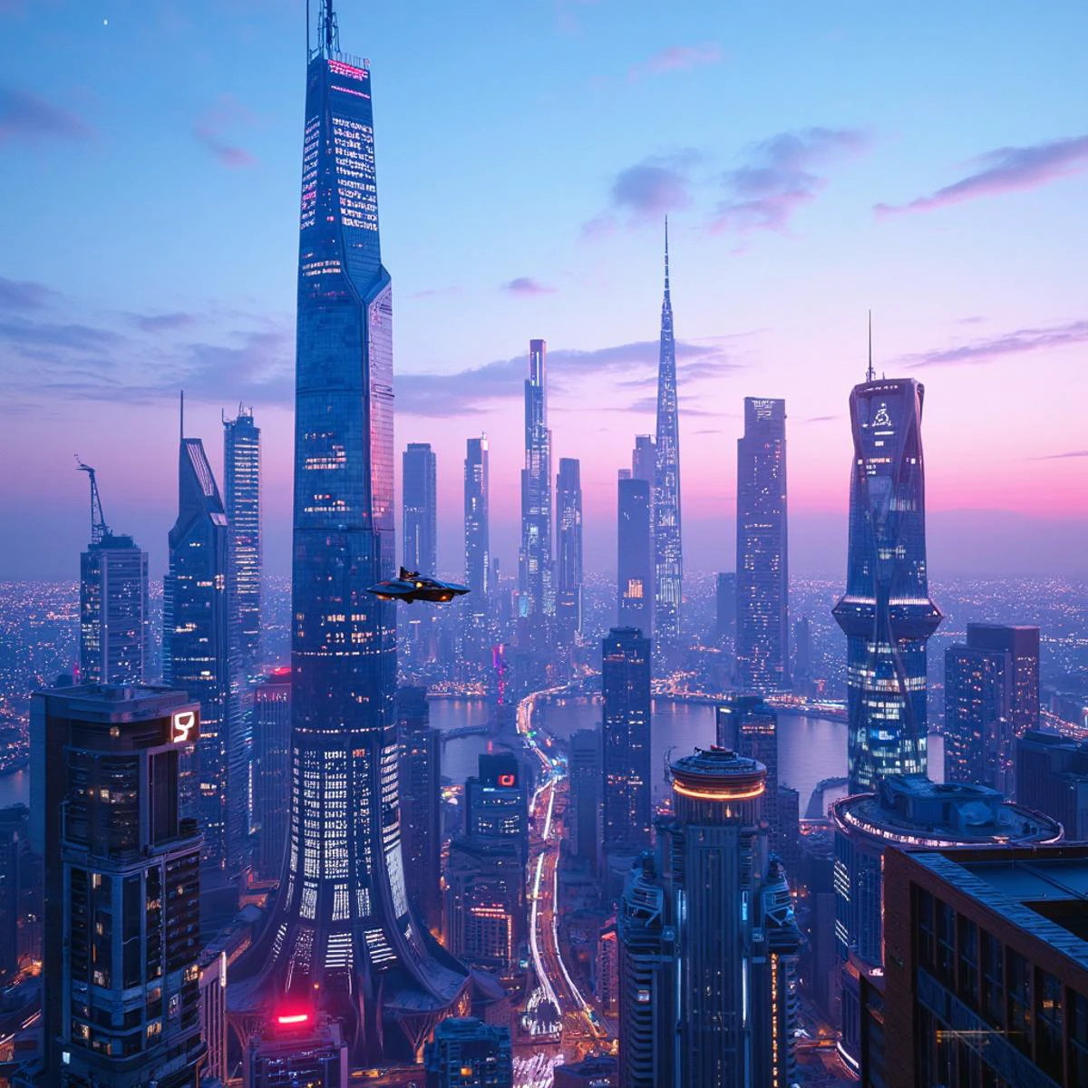A detailed illustration of a futuristic cityscape, towering skyscrapers with neon lights, a flying car in the foreground, wide aerial view. The background features a sprawling metropolis under a twilight sky. Soft blue and pink hues dominate the scene, with glowing lights reflecting off sleek surfaces. Created Using: cyberpunk art style, digital painting, wide-angle lens, high-contrast lighting, fine line work, dynamic composition, cinematic framing, intricate textures