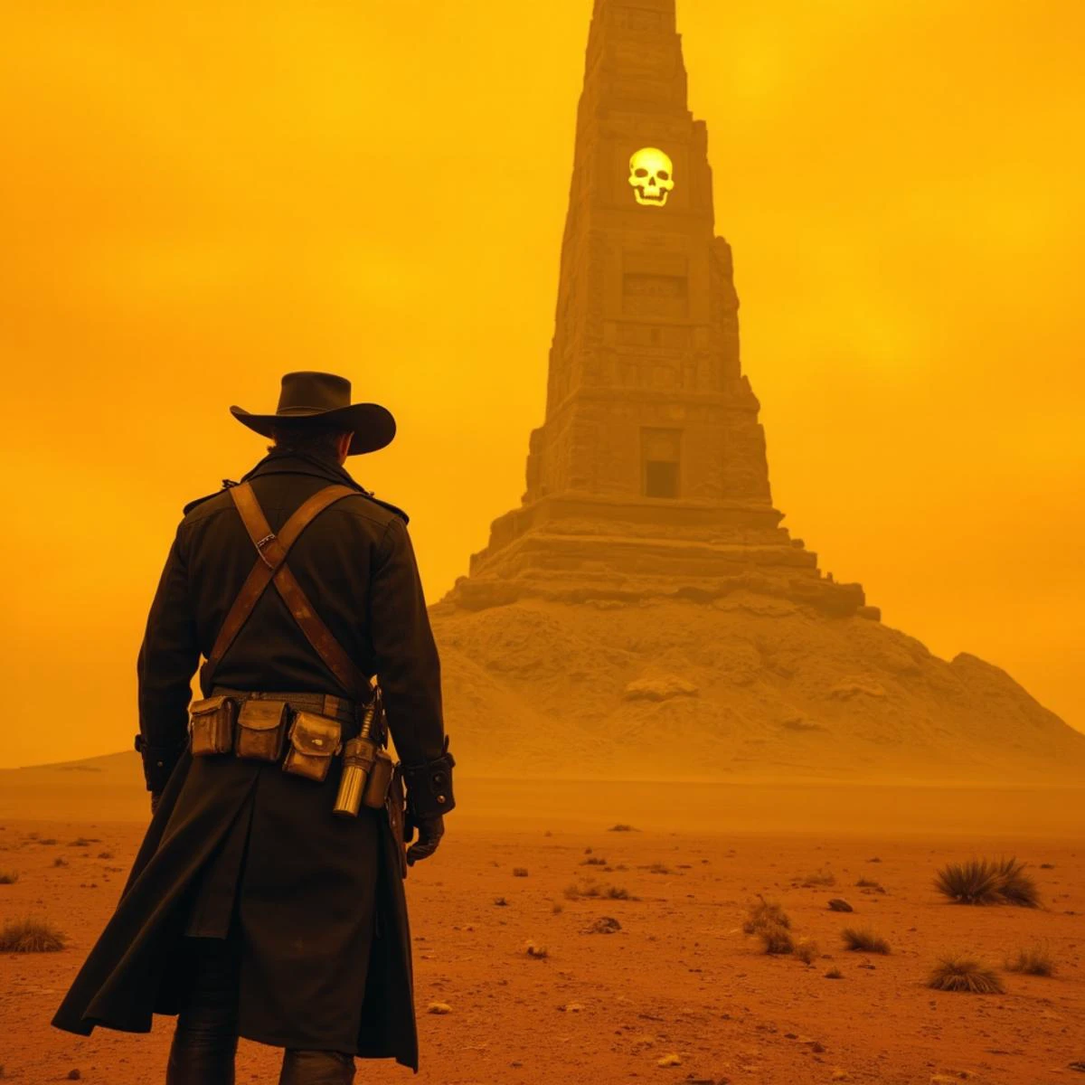 This image depicts a scene that blends elements of a Western and a post-apocalyptic or science fiction setting. In the foreground, a lone figure stands corner with their back turned, dressed in a dark, rugged outfit that includes a wide-brimmed hat, a long coat or cloak, and utility belts equipped with various items, giving them the appearance of a gunslinger or bounty hunter. The landscape is barren and desolate, with a golden-brown hue dominating the atmosphere, suggesting a desert environment or perhaps a distant planet. In the background, a towering structure rises from the ground, resembling a massive, monolithic glowing skull tower or some kind of acient spire. The overall mood of the scene is mysterious and foreboding, with a sense of isolation and the unknown.