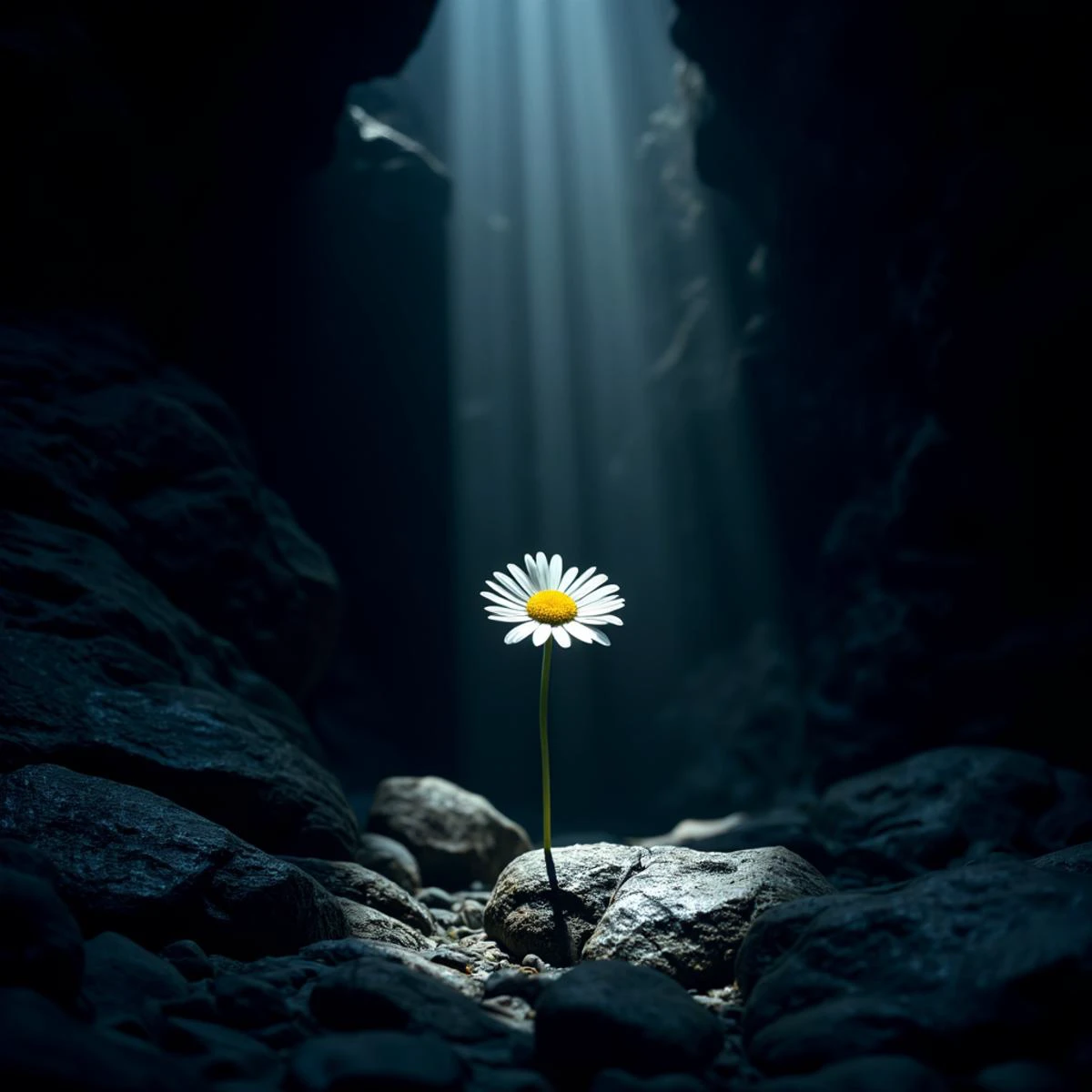A lone daisy stands in a dark, cavernous space illuminated by a soft, ethereal light. The intricate details of the flower's petals and the texture of the surrounding rocks are captured with precision, creating a sense of depth and mystery. The image exudes a serene, almost magical quality, emphasizing the contrast between light and darkness., artistic concept art with fine chaotic brush strokes