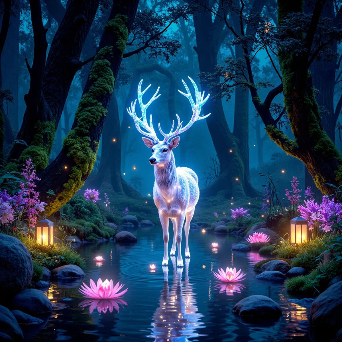 An enchanted forest illuminated by the soft glow of bioluminescent plants, with towering ancient trees covered in luminescent moss. In the center, a mystical, ethereal deer with antlers made of crystal stands in a pool of shimmering water, surrounded by delicate fireflies and floating lanterns. The scene exudes a tranquil, magical atmosphere with a deep sense of wonder. Hyper-realistic details capture the intricate textures of the deer's fur, the water's reflection, and the glowing plants. The color palette is a blend of deep blues, purples, and greens, creating a dreamlike, surreal ambiance. Masterpiece, award-winning artwork, full of detail, 16k resolution, epic realism, mystical, fantasy world.