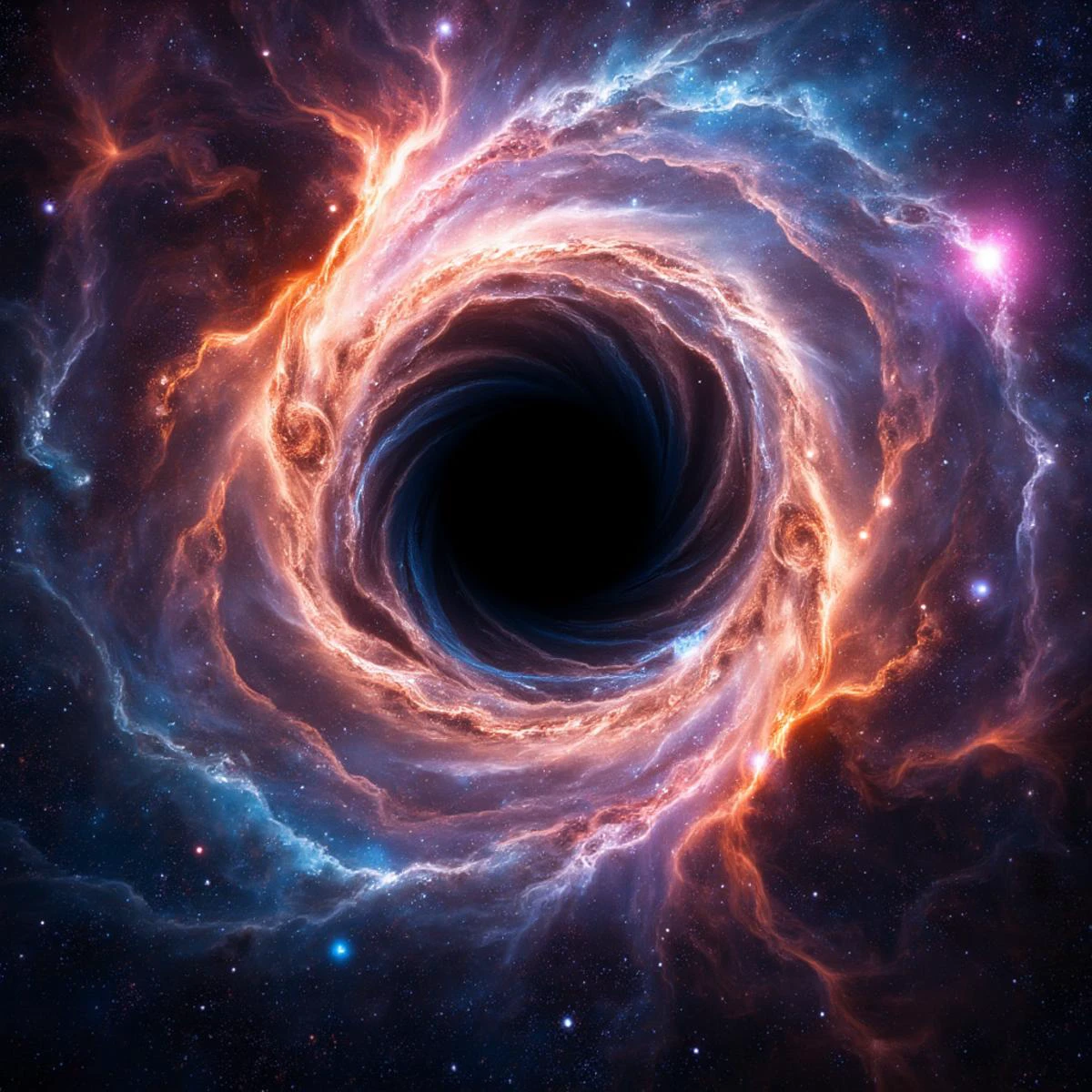 a front centered view of space nebula with beautiful colors, at the center lies a giant black hole spiral